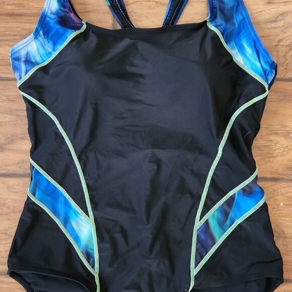Attraco UPF 50+ racerback athletic 1piece black and blue swimsuit women's XL - Picture 2 of 5